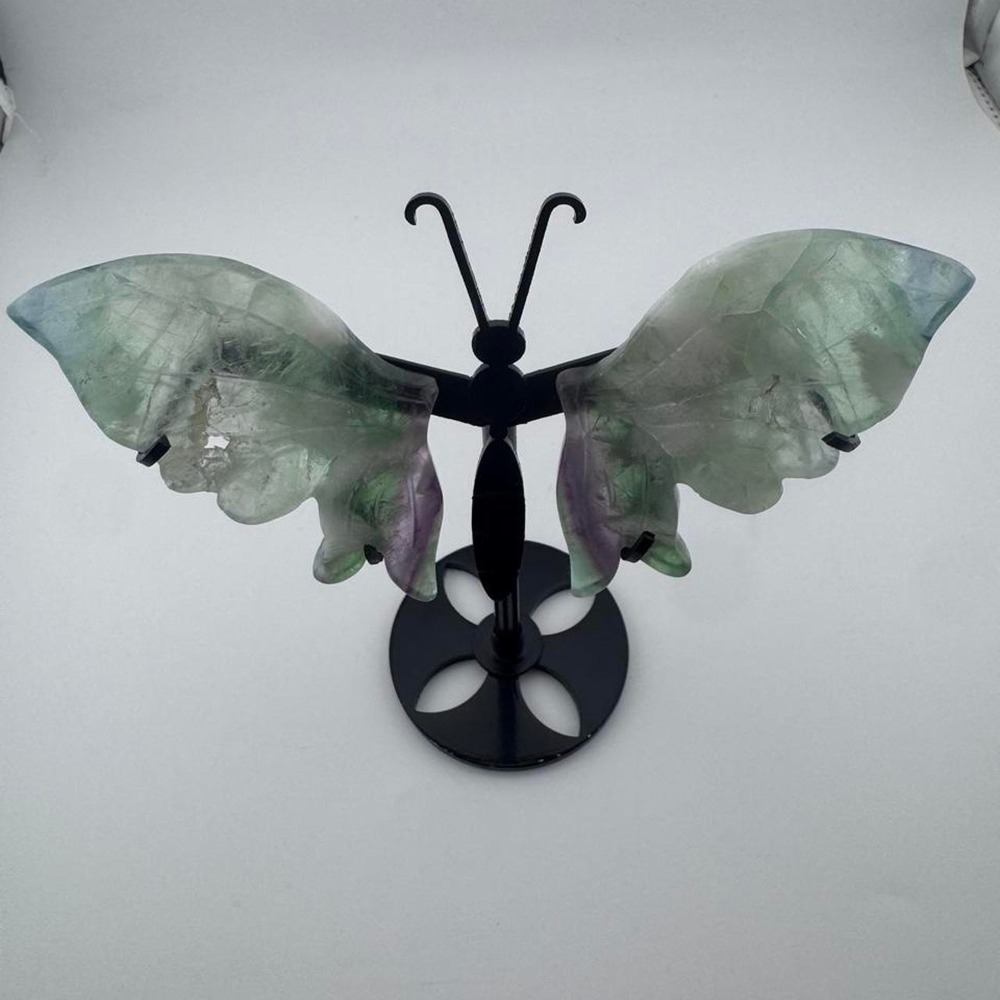 Green & purple Fluorite butterfly crystal wings On stand